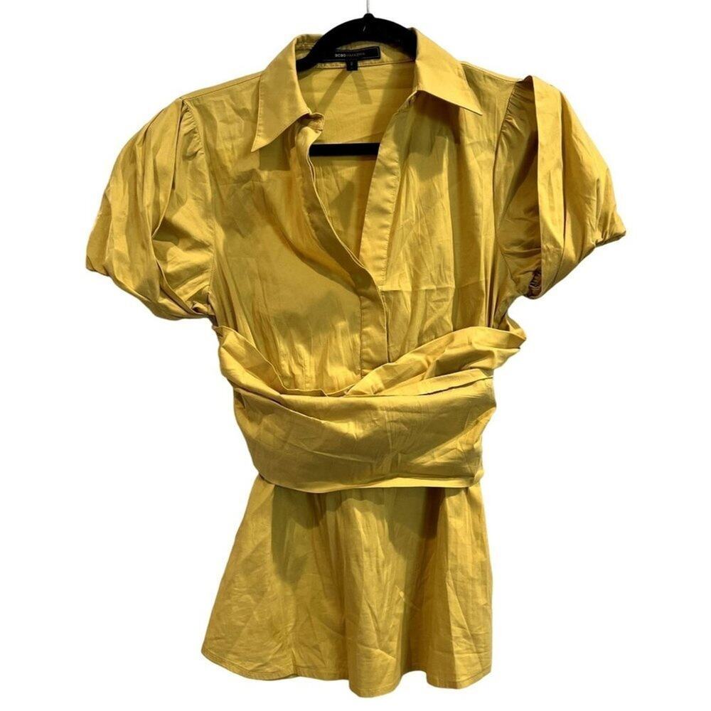 BCBGMaxazria Blouse Womens Small Yellow Stretch Dolman Sleeve Tie Waist V-Neck